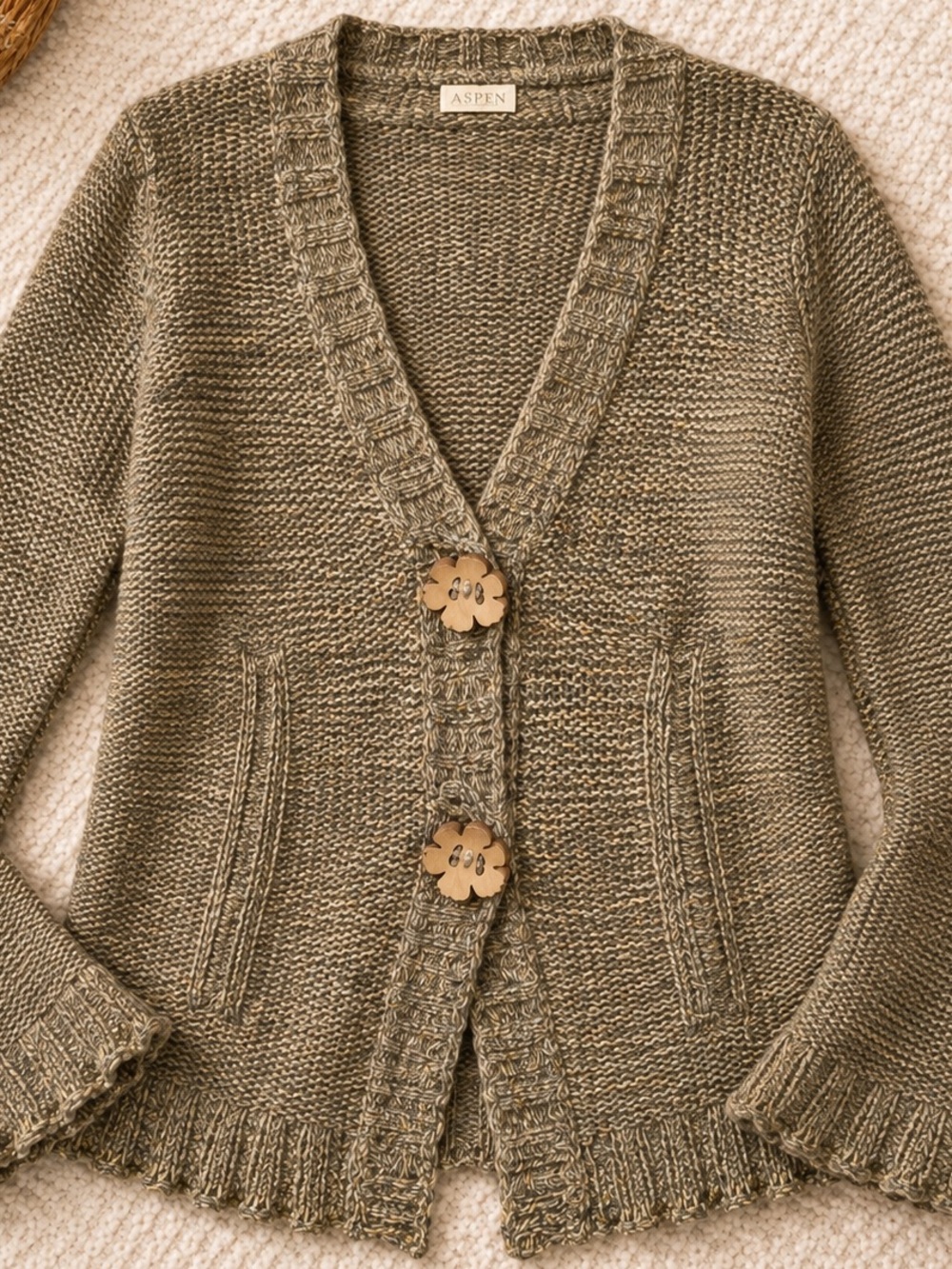 Aspen Moss Stitch Knit Cardigan Wooden Flower Buttons Boho Cottagecore Sweater M
